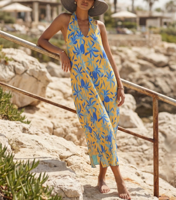 Pleated Loose-Fit Halter Neck Beach Dress