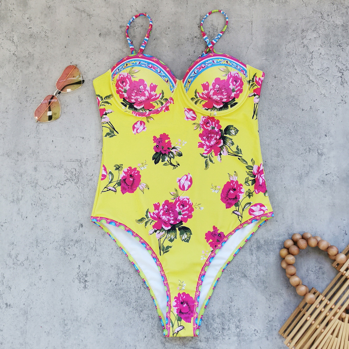 抹胸一体式套穿硬包连体泳衣女式2025新款复古印花速卖通swimsuit