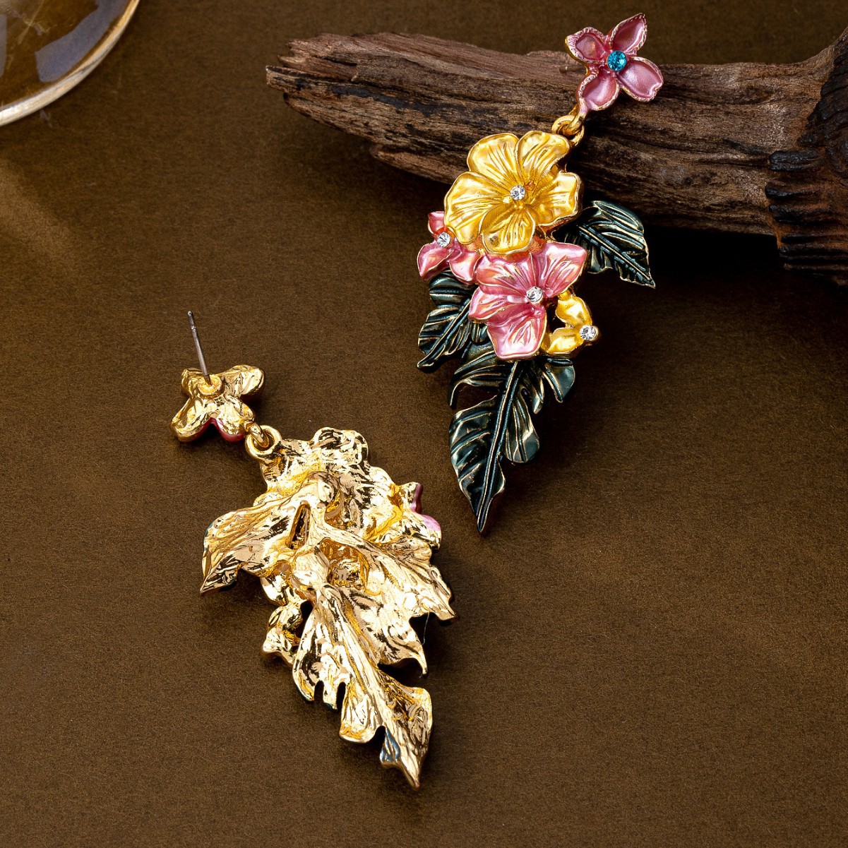 Flower and Leaf Stud Earrings