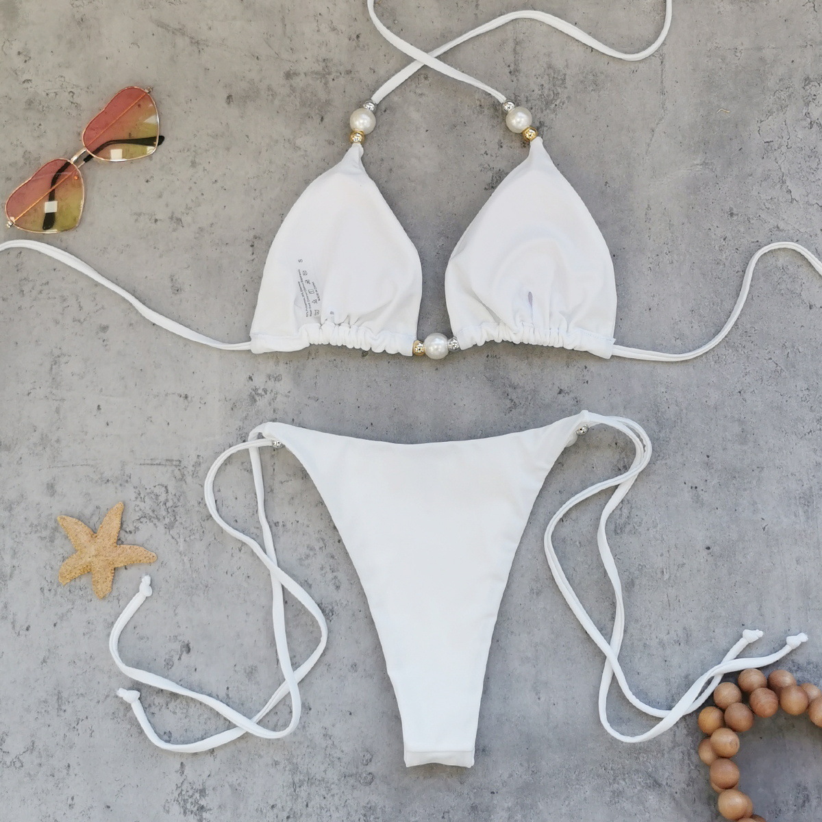 纯白色三点式挂脖绑带分体泳衣女2026新款欧美性感露背比基尼出口