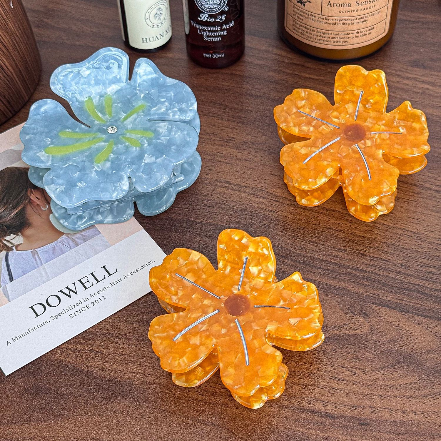 超仙醋酸花朵镶钻抓夹大号盘发鲨鱼夹百搭高马尾发抓时尚通勤发饰