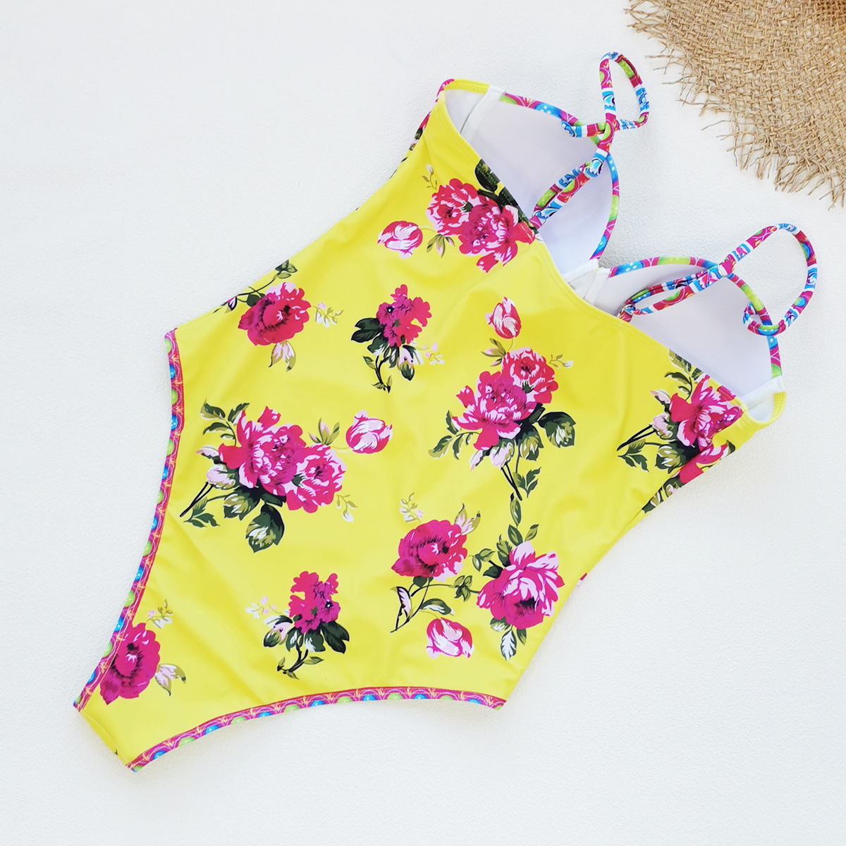 抹胸一体式套穿硬包连体泳衣女式2025新款复古印花速卖通swimsuit