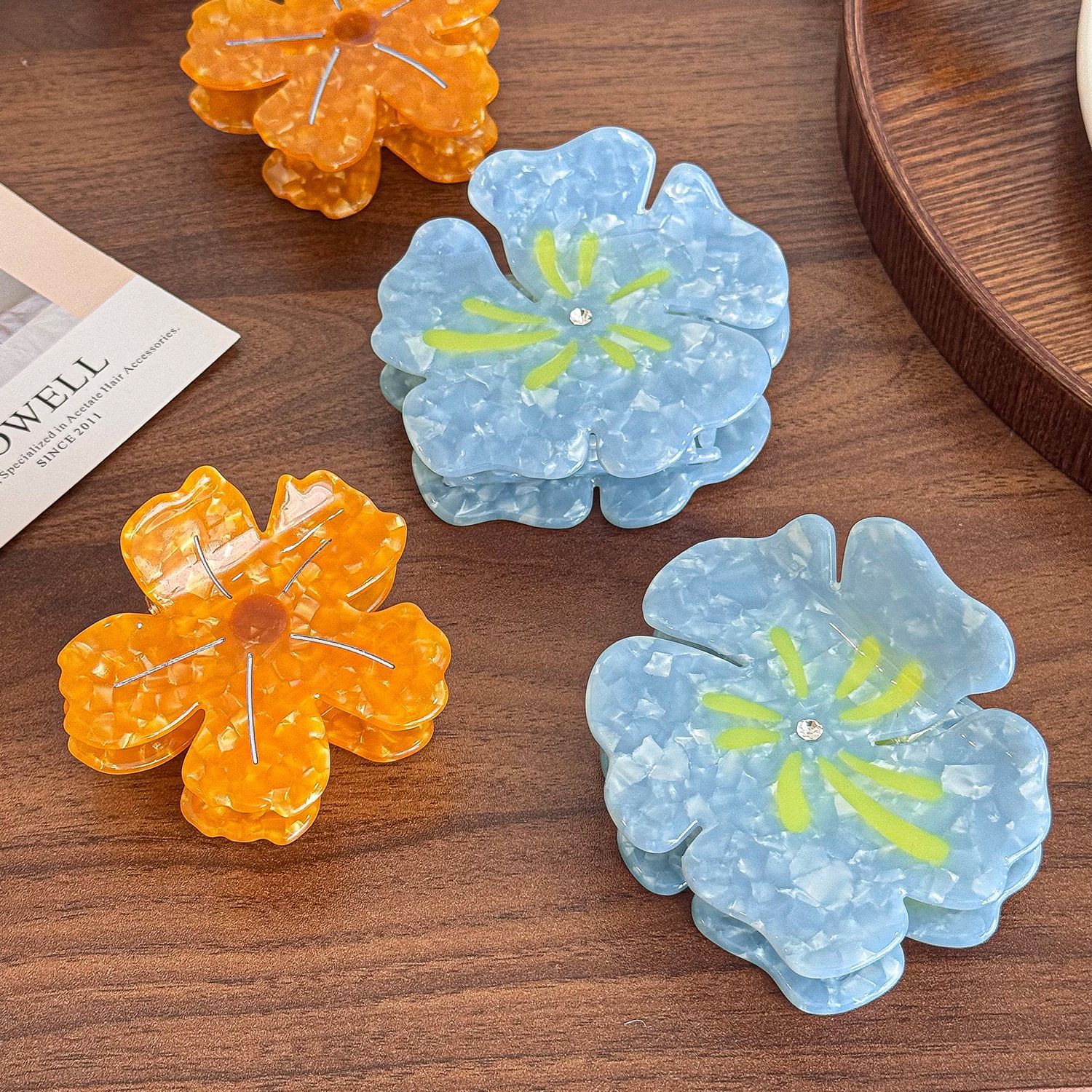 超仙醋酸花朵镶钻抓夹大号盘发鲨鱼夹百搭高马尾发抓时尚通勤发饰