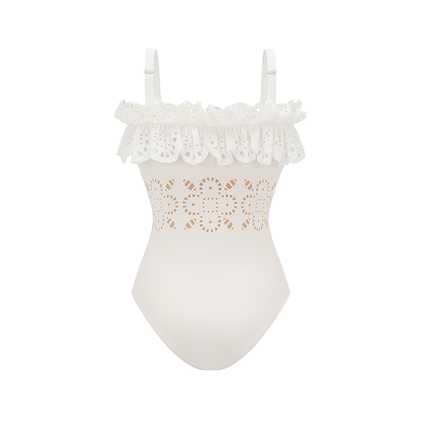 Ruffle White Laser Cutting Flower Hollow Swimsuit Set(s)