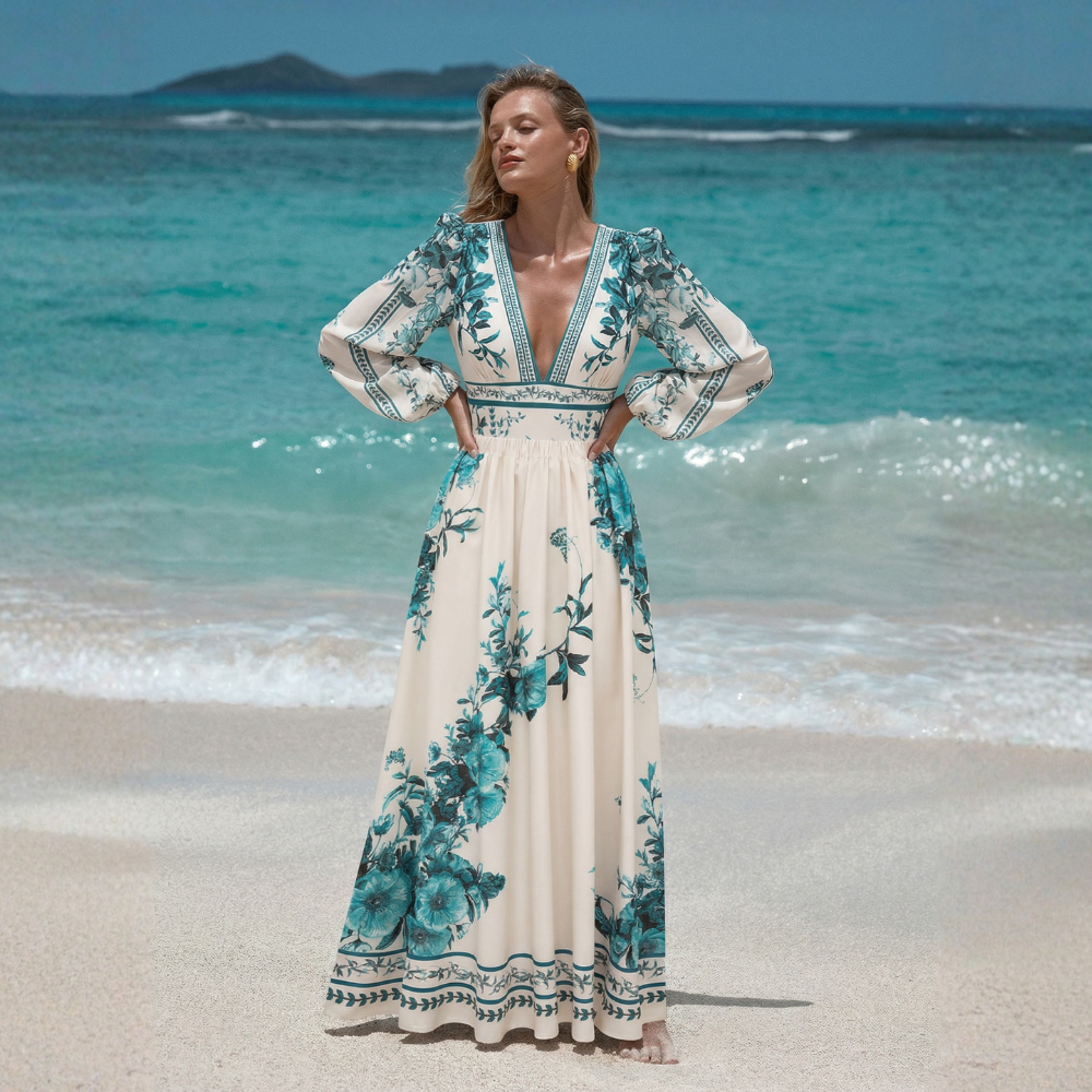 Dark Cyan Long Sleeved Floral SwimsuitL Set(s)