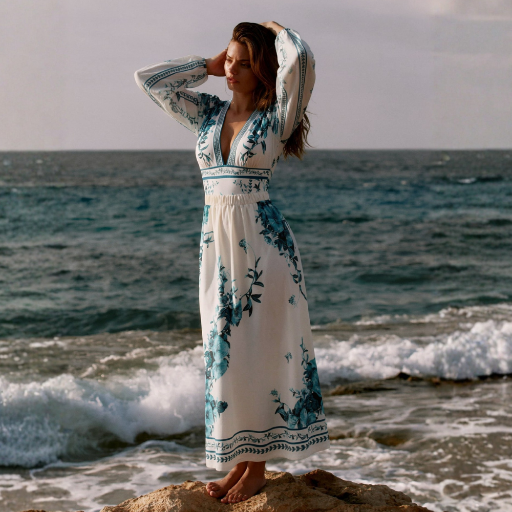 Dark Cyan Long Sleeved Floral SwimsuitL Set(s)