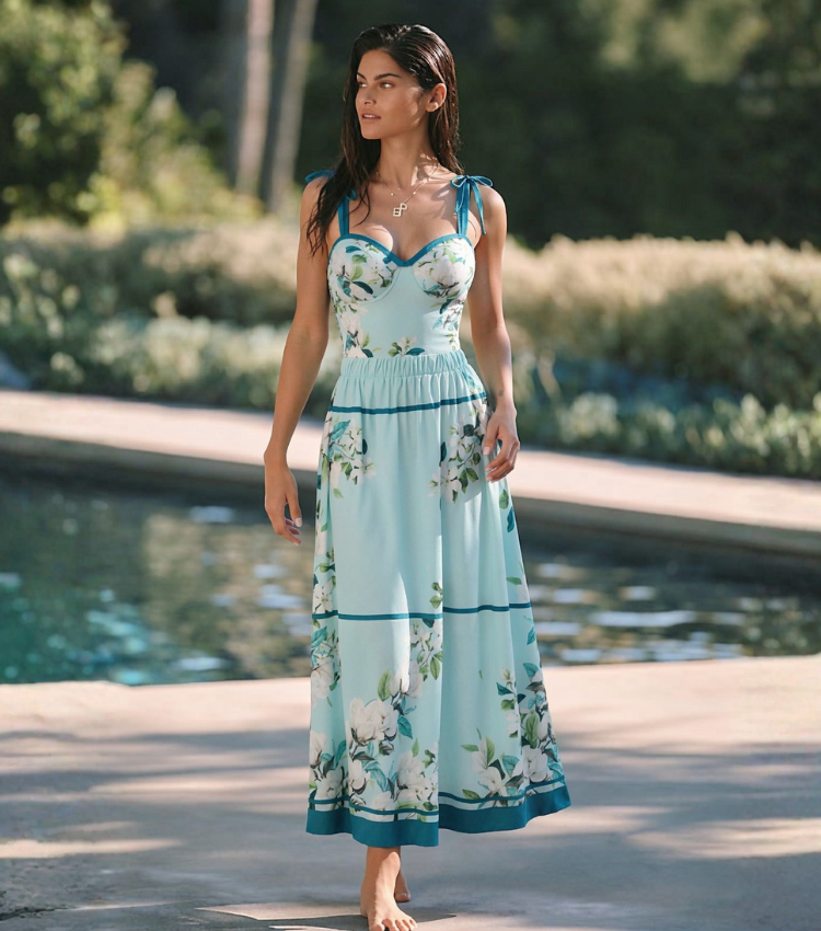 Light Cyan Flower Print Tie-shoulder Swimsuit Set(s)