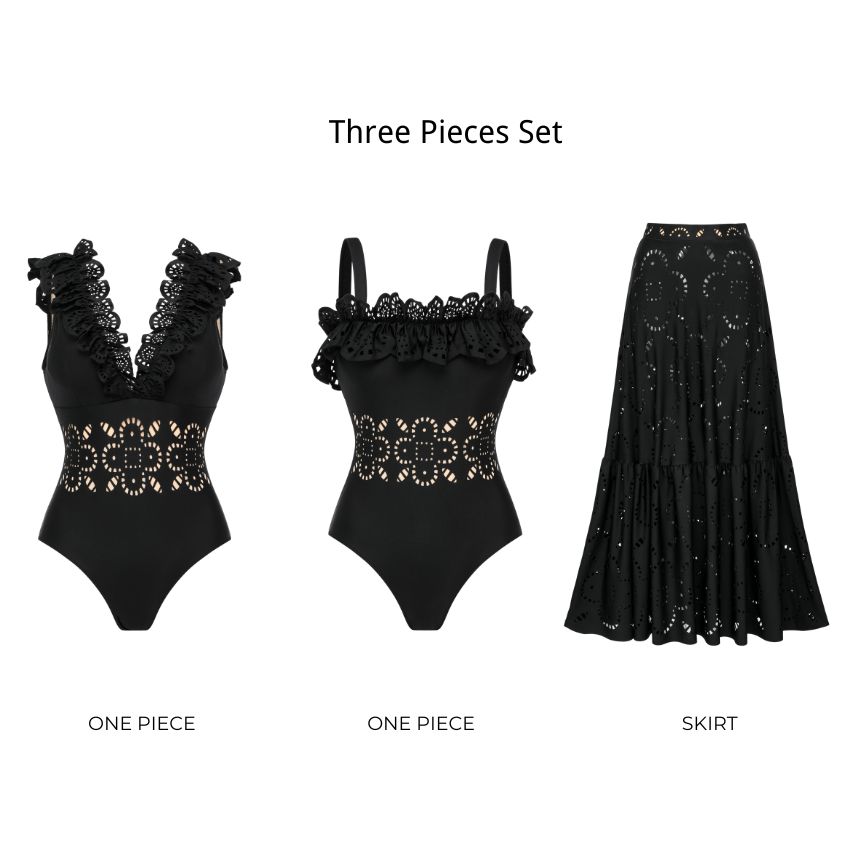 Ruffle Black Laser Cutting Flower Hollow Ruffle Swimsuit Set(s)