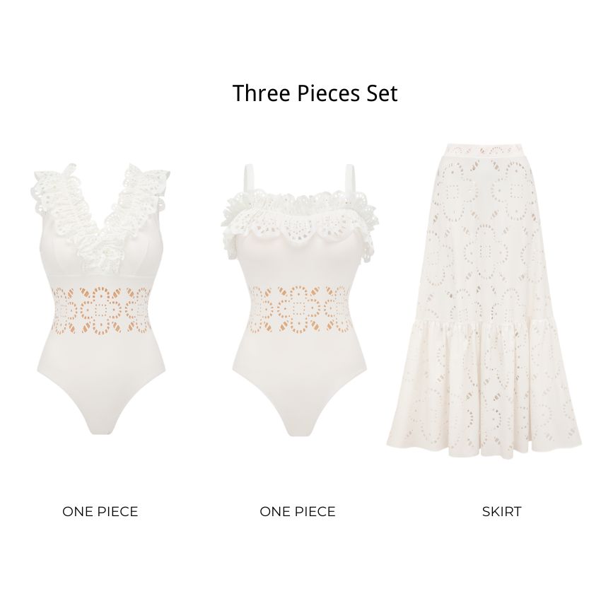 Ruffle Black Laser Cutting Flower Hollow Swimsuit Set(s)