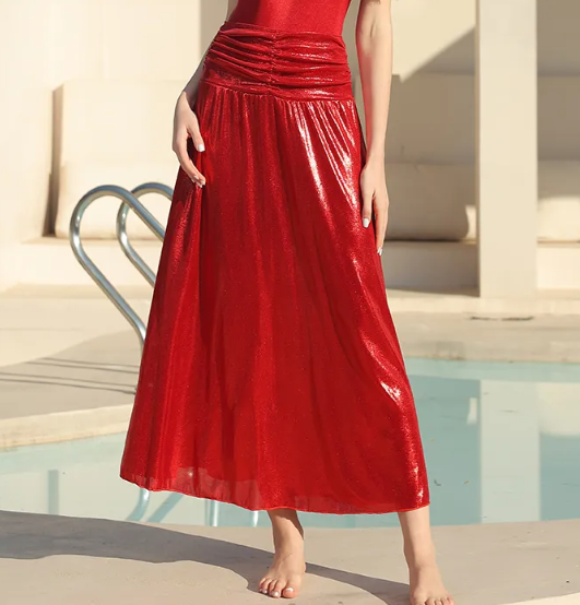 Plus Size Red Shiny Flowers Decoration One Piece Swimsuit and Skirt