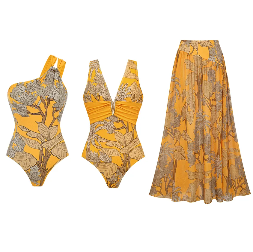 One Shoulder Yellow Printed Swimsuit Set(s)