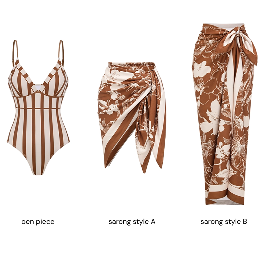V-neck Brown stripes Print Swimsuit Set(s)
