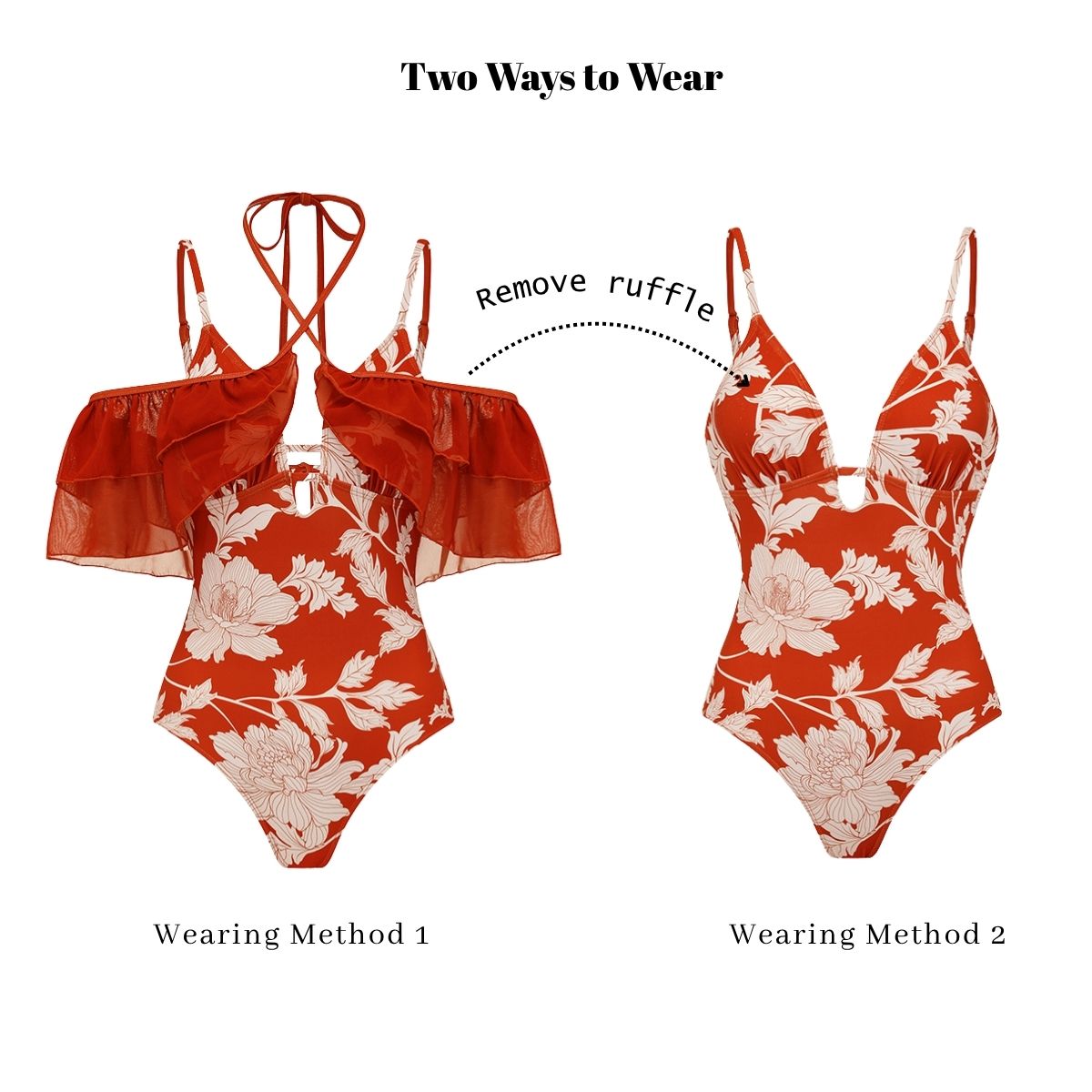 Adjustable Shoulder Straps Detachable Ruffles Print Swimsuit Set(s)