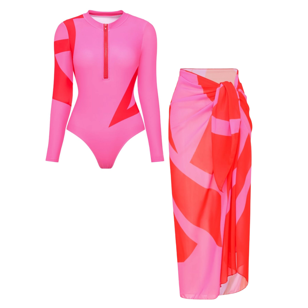 Color Block Long Sleeve Zip Front One Piece Swimsuit and Sarong