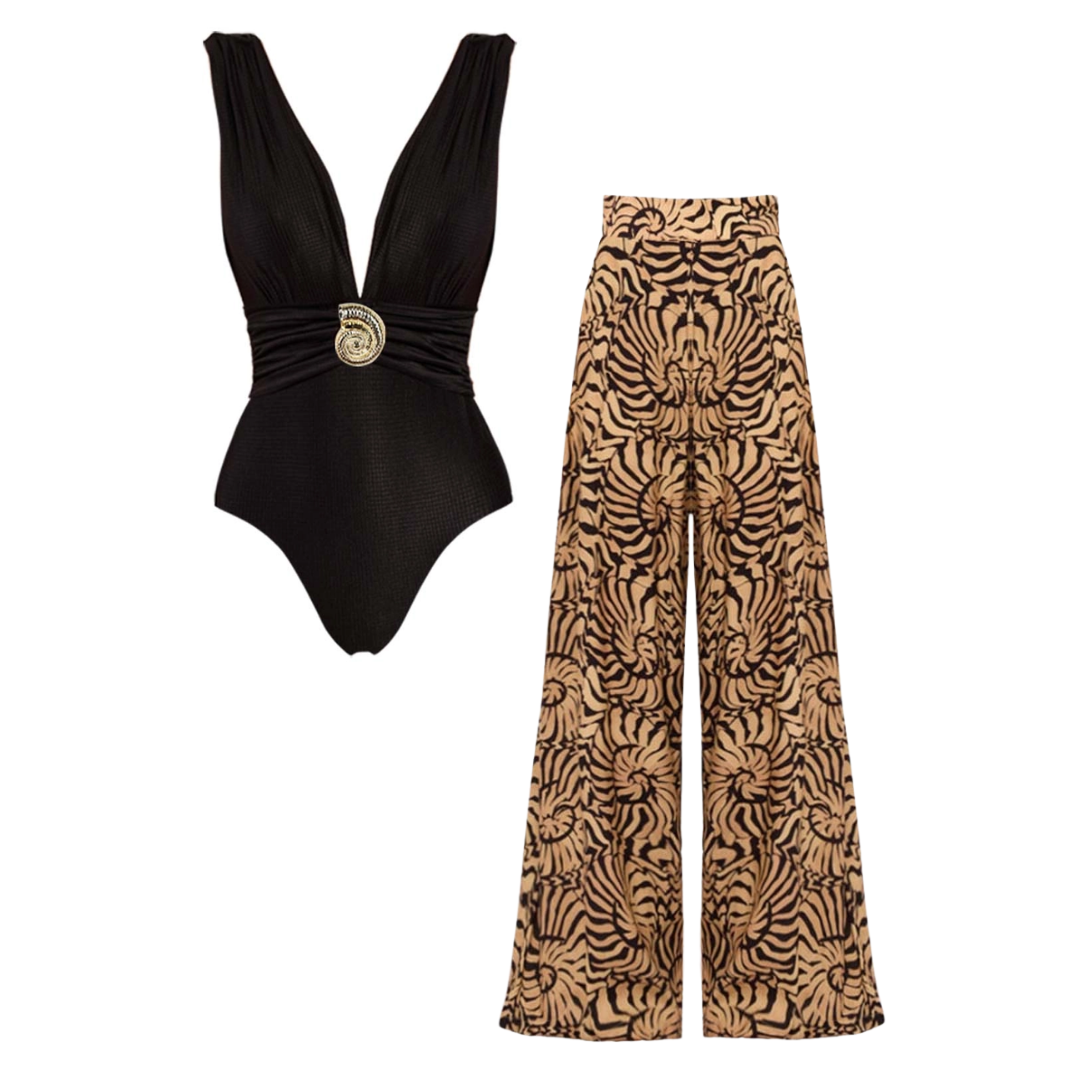 Black V-Neck Conch Decoration One Piece Swimsuit and Sarong