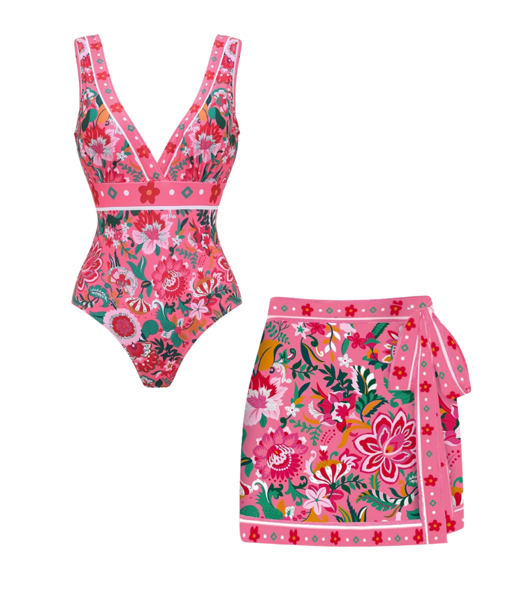 Pink Floral Paradise Print V-neck One Piece Swimsuit and Skirt