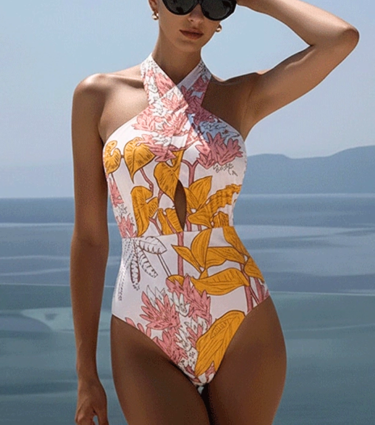 Halter Plant Leaves Print Swimsuit Set(s)