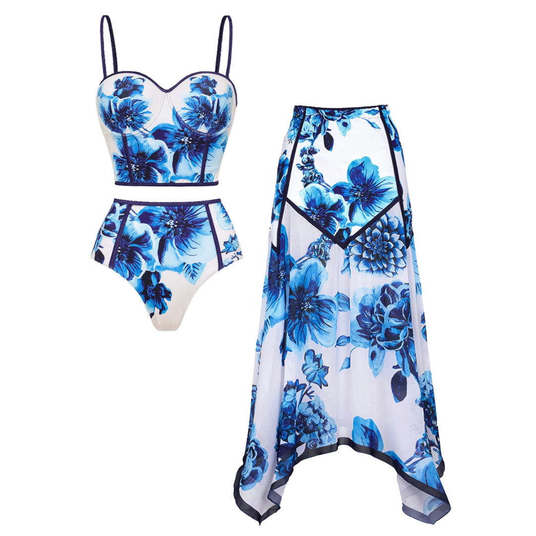 Floral Series Pattern Print Bikini Swimsuit and Skirt