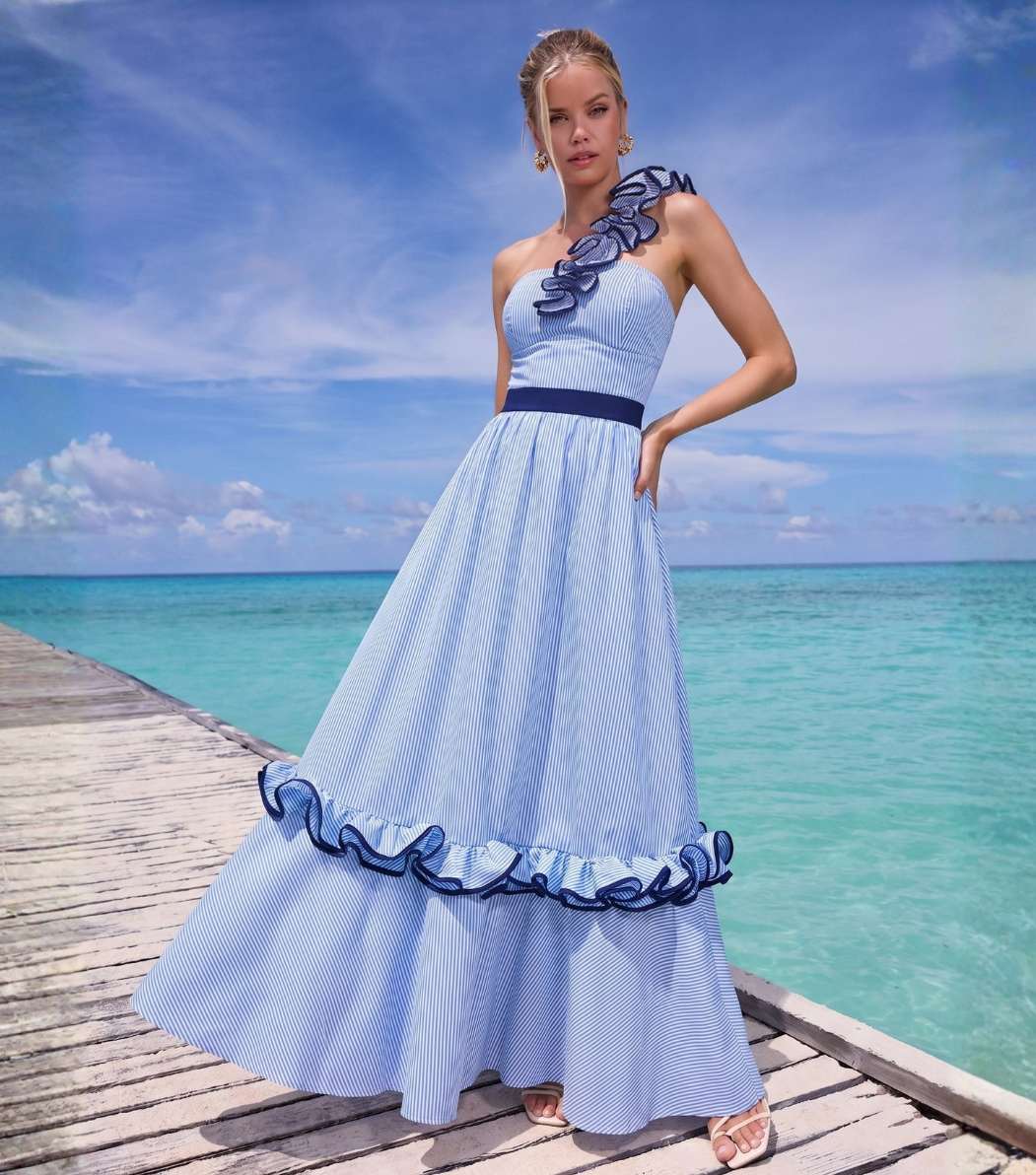 One Shoulder Ruffle Stripe Print One Piece Swimsuit and Skirt