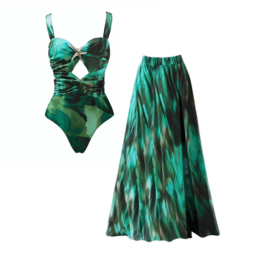 Plus Size Green Printed Pleated Swimsuit & Skirt Set