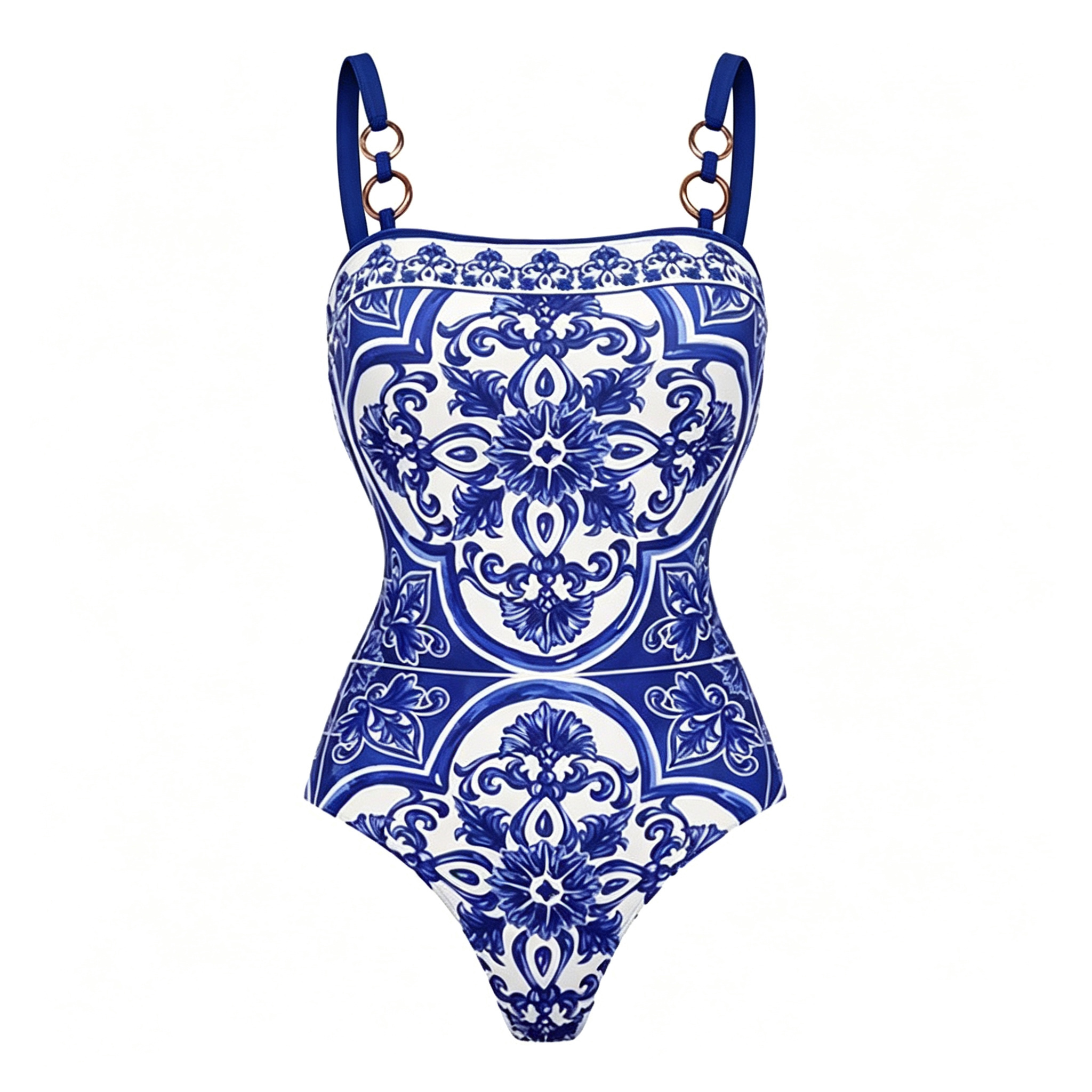 Plus Size Sling Classic Majolica Series Pattern Print One Piece Swimsuit and Skirt or Shorts