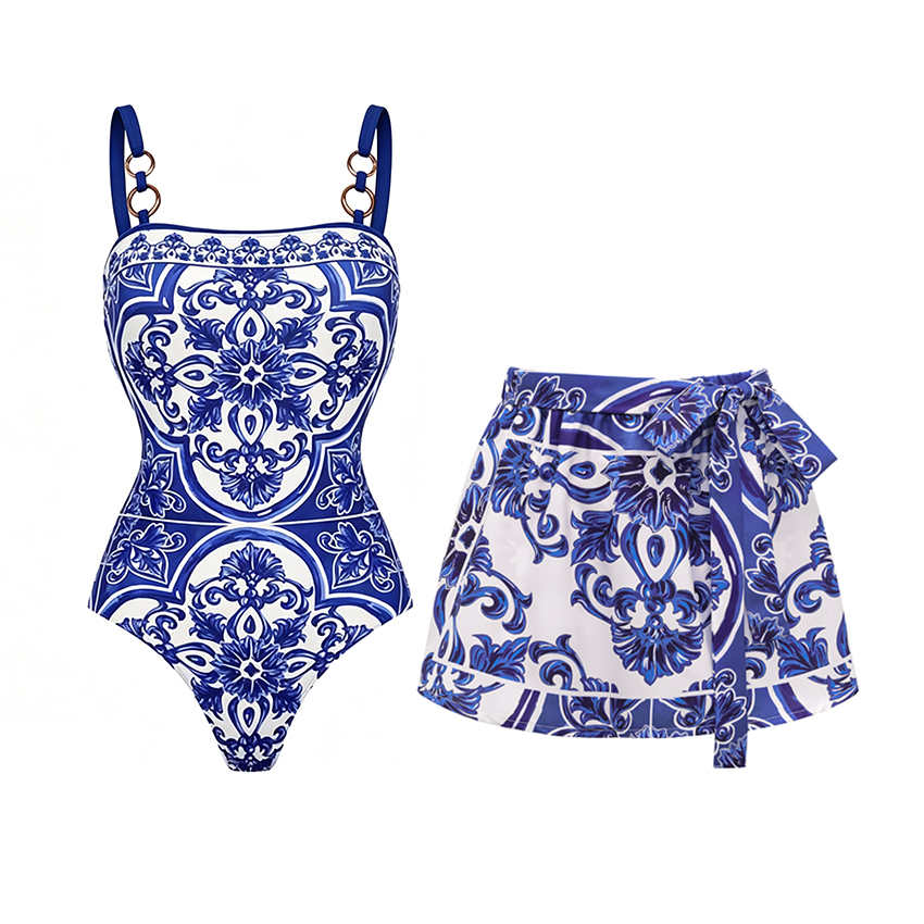 Plus Size Sling Classic Majolica Series Pattern Print One Piece Swimsuit and Skirt or Shorts
