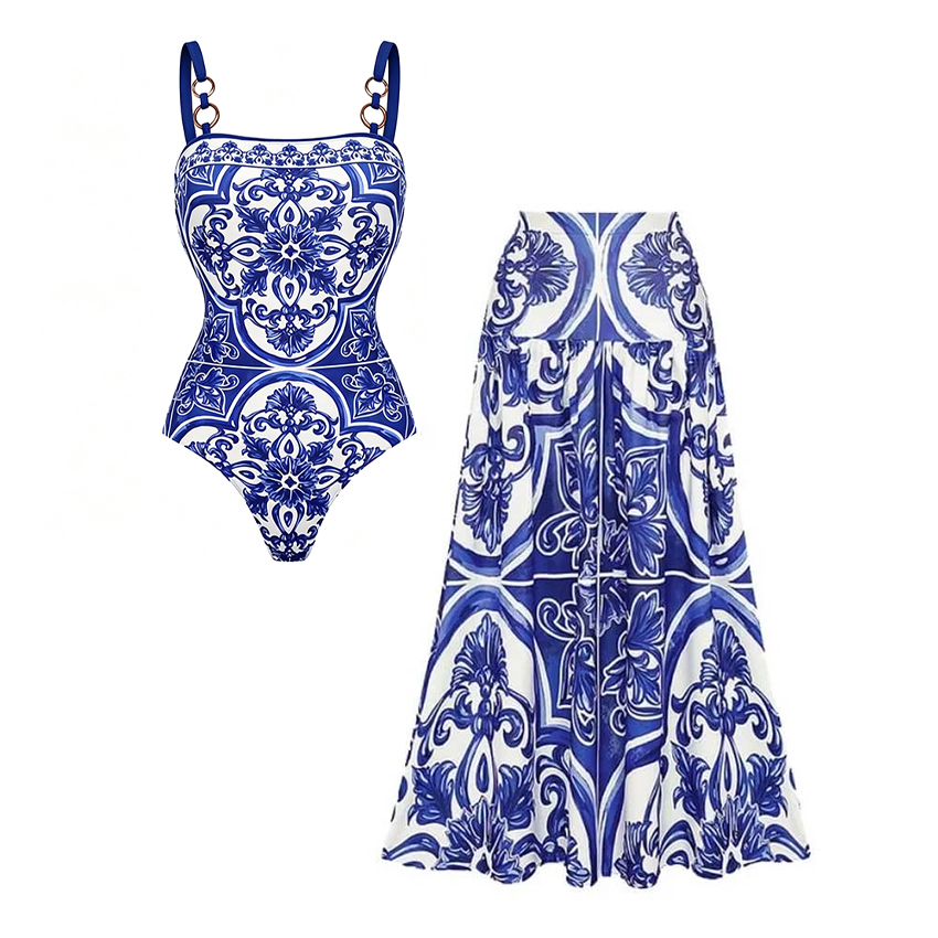 Plus Size Sling Classic Majolica Series Pattern Print One Piece Swimsuit and Skirt or Shorts