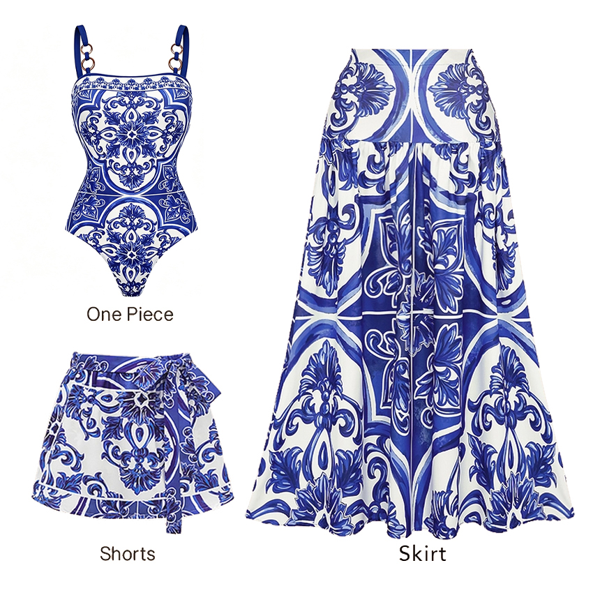Plus Size Sling Classic Majolica Series Pattern Print One Piece Swimsuit and Skirt or Shorts