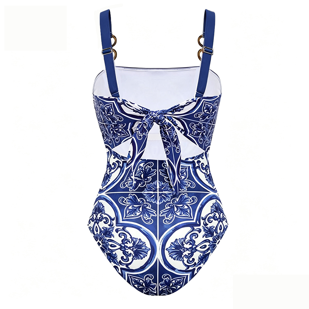 Plus Size Sling Classic Majolica Series Pattern Print One Piece Swimsuit and Skirt or Shorts