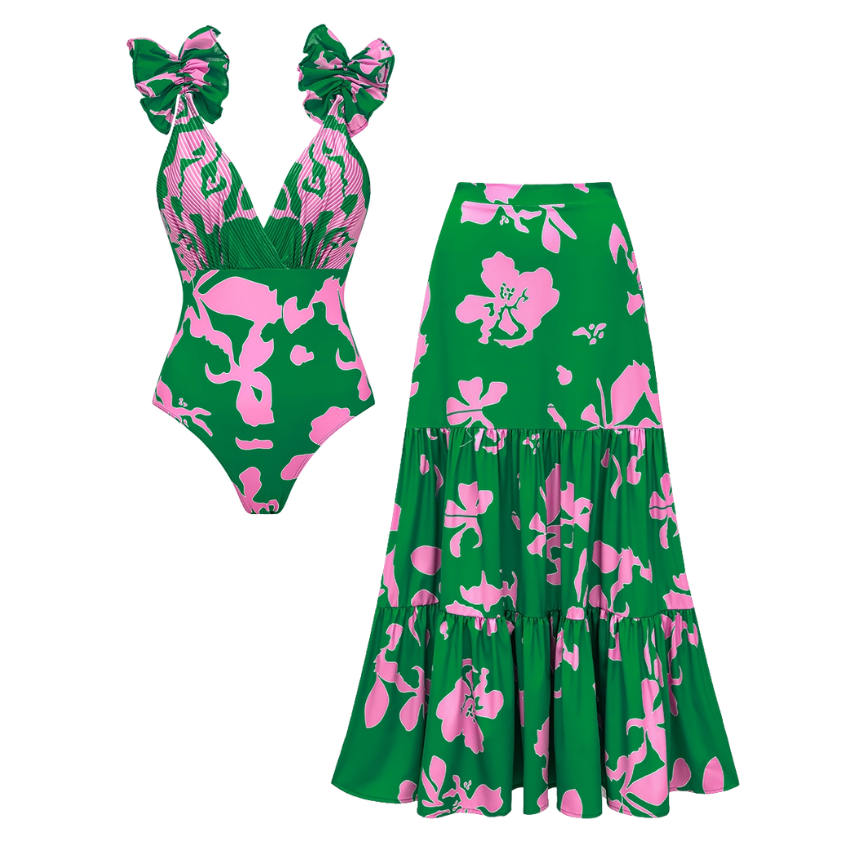Ruffled Strap Printed One Piece Swimsuit and Skirt Flaxmaker