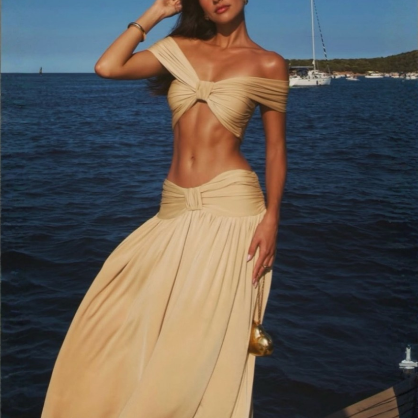 Plain Earth-Colored Bow Swimsuit Set(s)