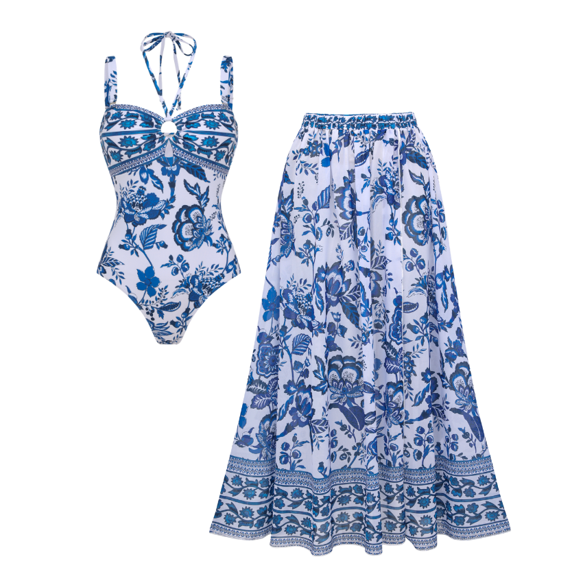 Blue and white Porcelain Print Swimsuit Set(s)