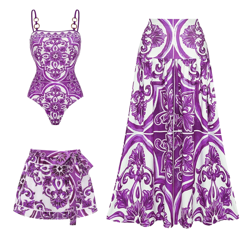 Sling Classic Majolica Series Pattern Print One Piece Swimsuit and Skirt or Shorts
