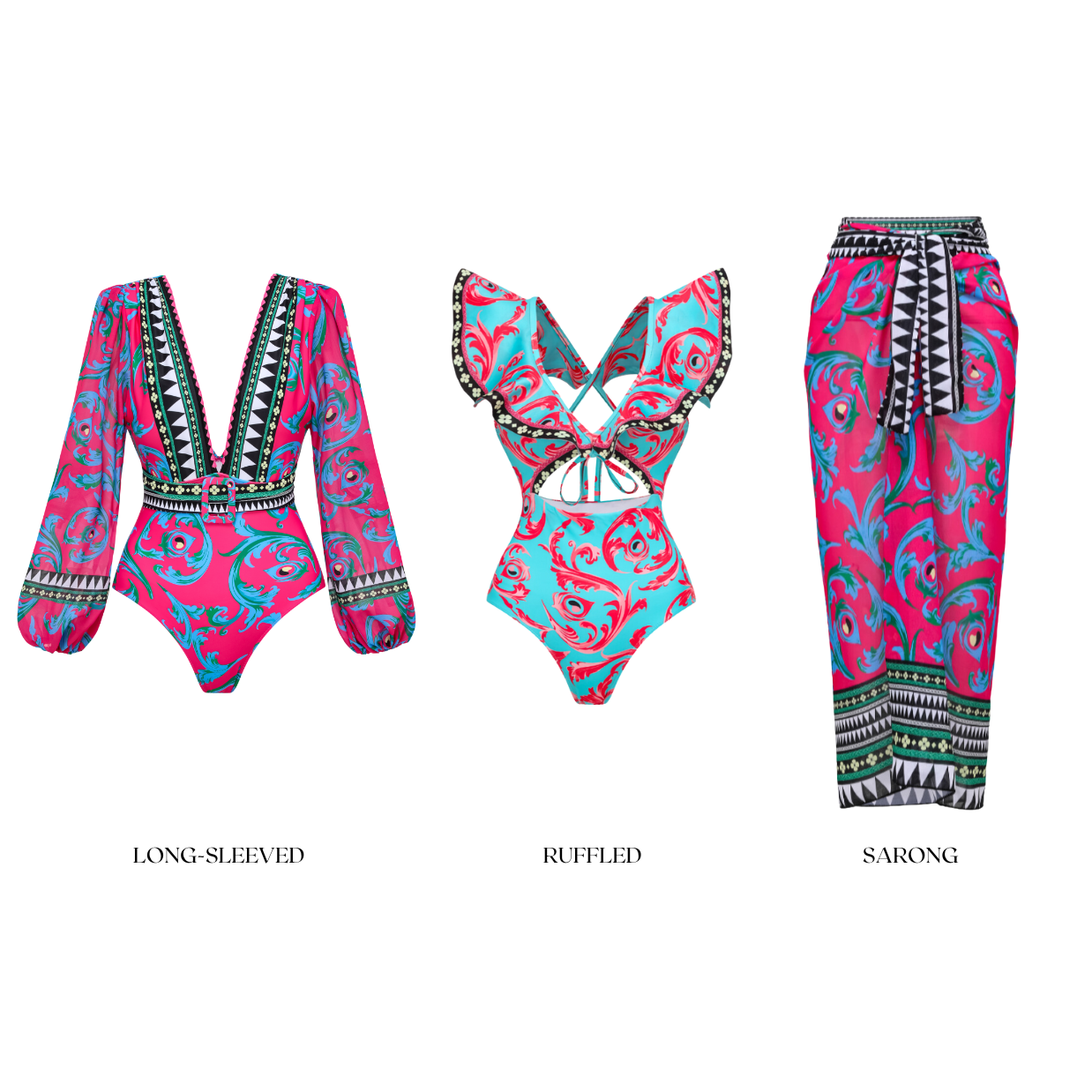 Long-sleeved Peacock Totem Print One Piece Swimsuit and Sarong Flaxmaker