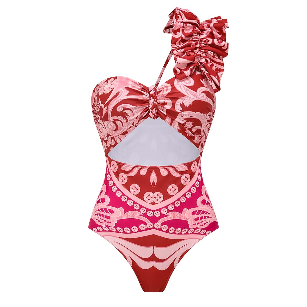 One Shoulder Ruffled Cutout One Piece Swimsuit and Pant Flaxmaker
