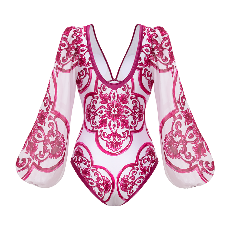 Long Sleeves Classic Majolica Series Pattern Print One Piece Swimsuit and Skirt or Shorts