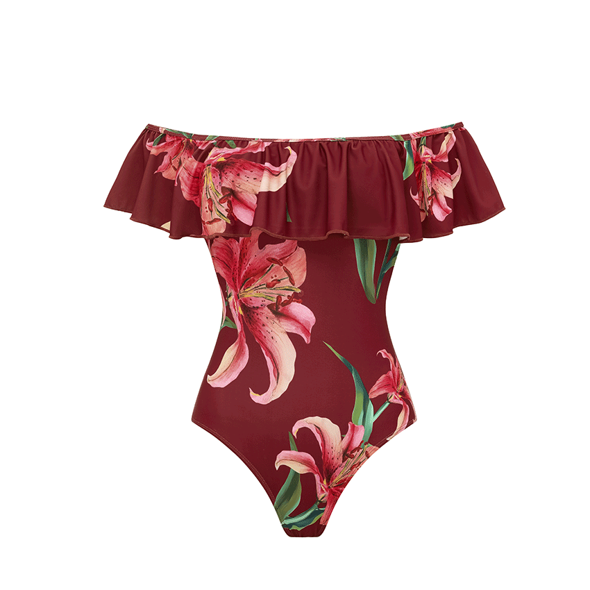 Off Shoulder Lily Print Wine Red Swimsuit Set(s)