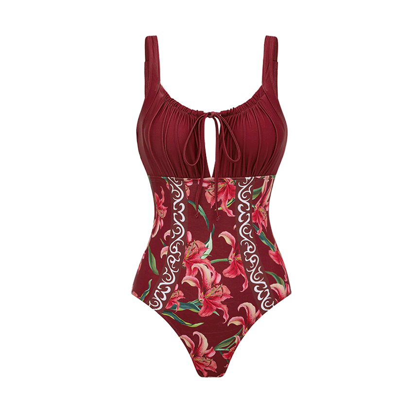 Sling Drawstring Cut Out Lily Print Swimsuit Set(s)