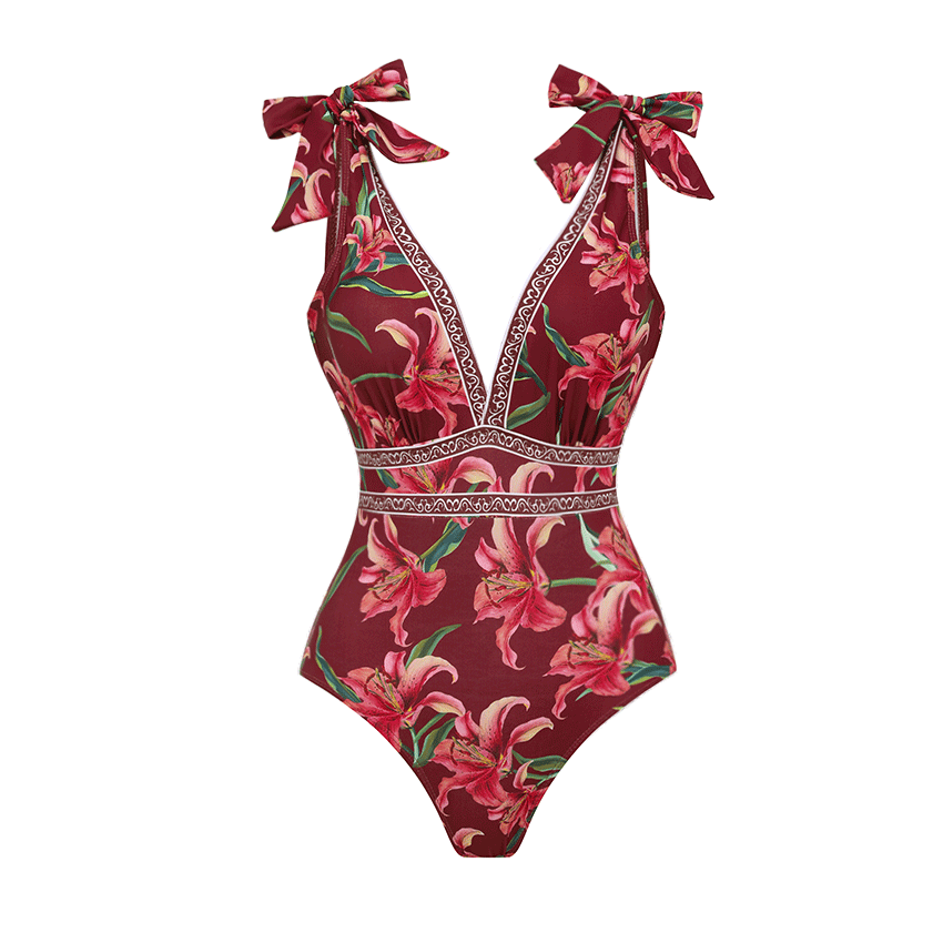 V Neck Tie Shoulder Lily Print Swimsuit Set(s)