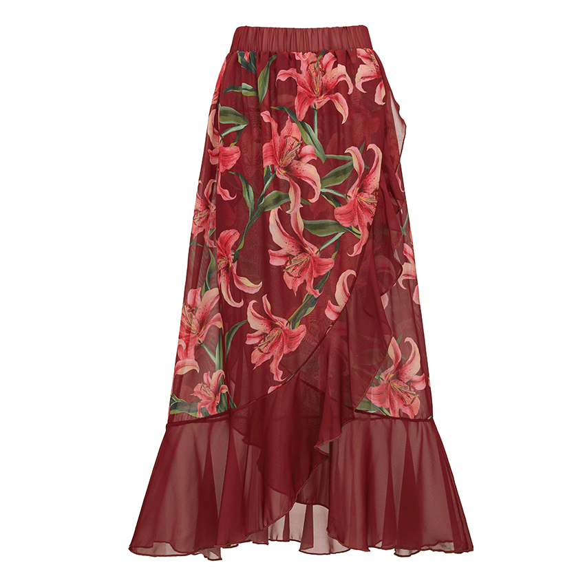 Off Shoulder Lily Print Wine Red Swimsuit Set(s)