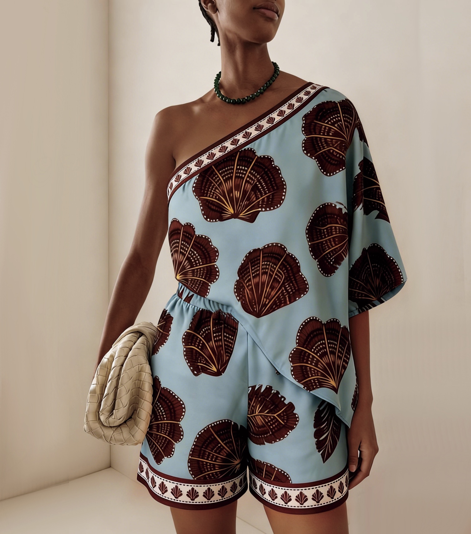 Shell Print Asymmetric Shoulder Two-Piece