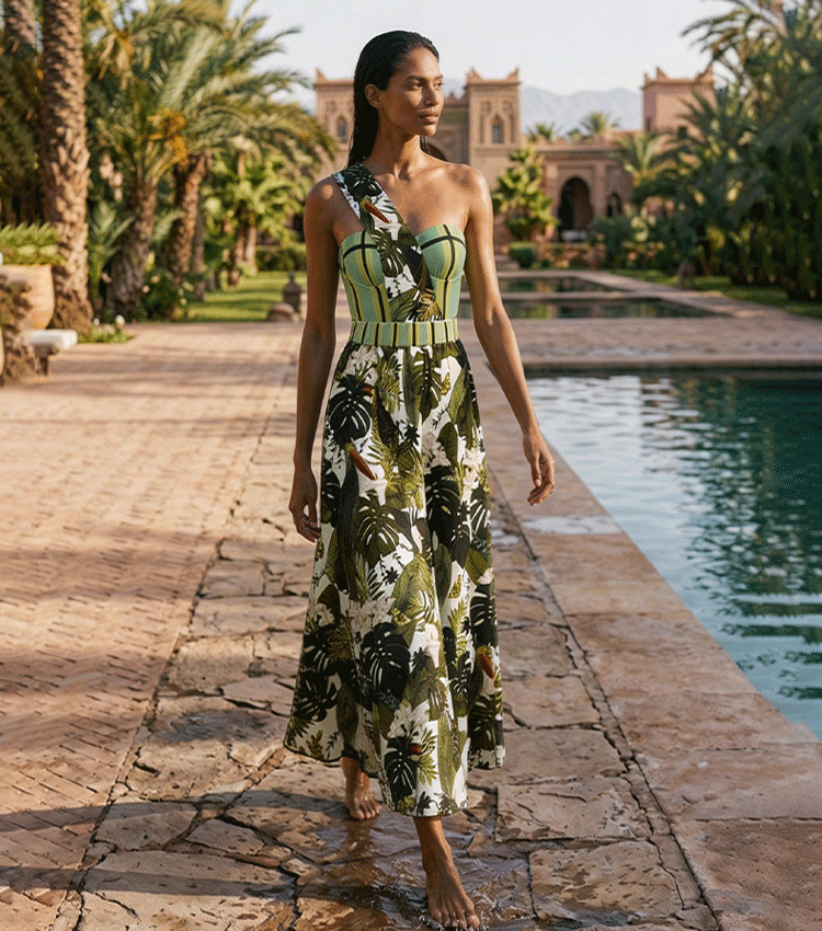 One Shoulder Striped and Leaves Print Swimsuit Set(s)