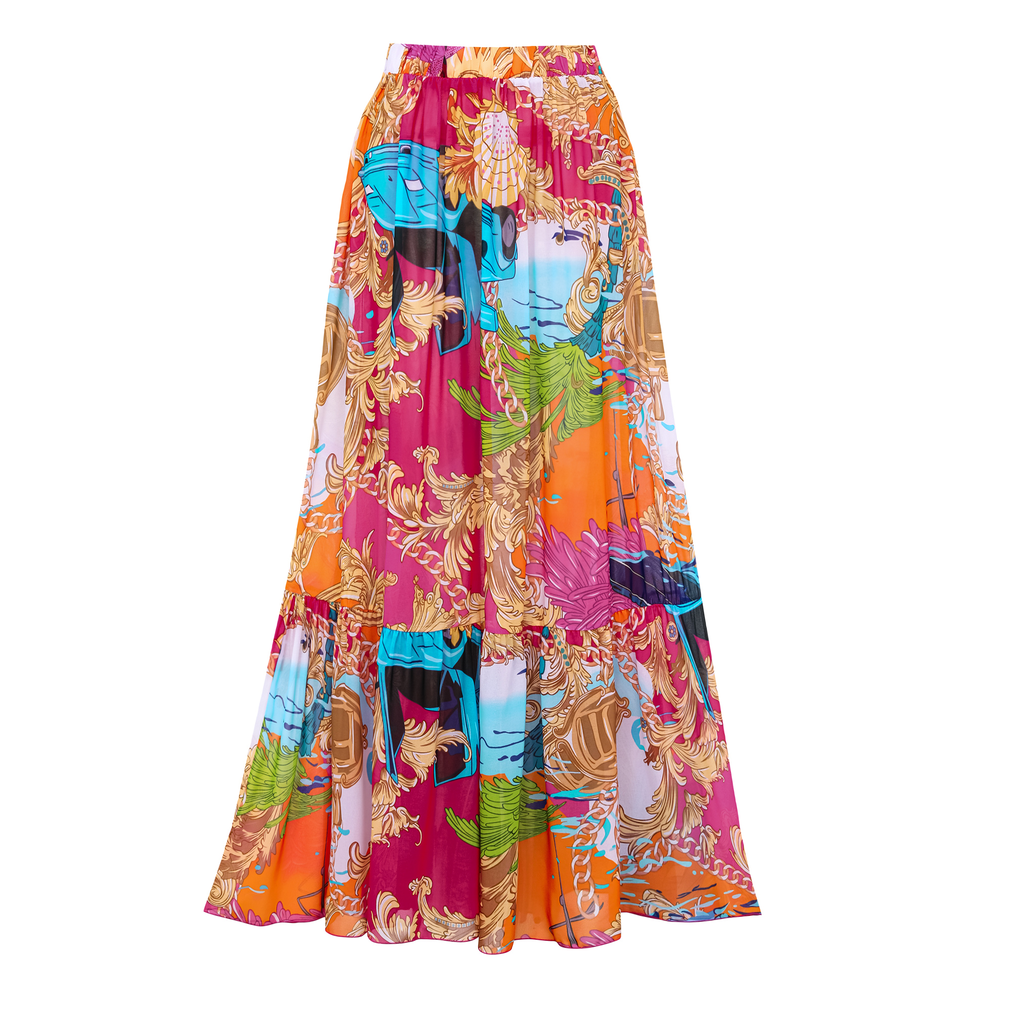 Long Sleeve Shell Chest Pad Printed One Piece Swimsuit and Skirt