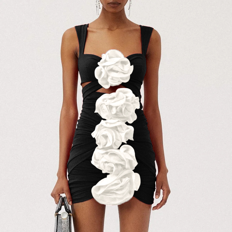 Flaxmaker Black 3D Flower Cutout One Piece Swimsuit and Skirt