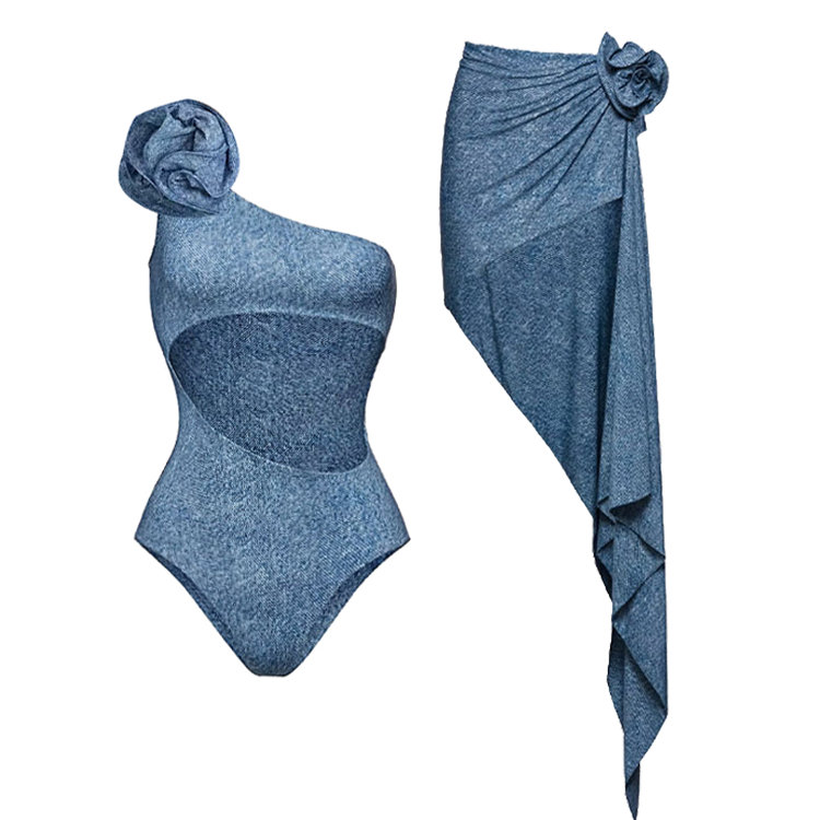 Classic High Waist Flower Denim Print Bikini Swimsuit and Skirt Flaxmaker