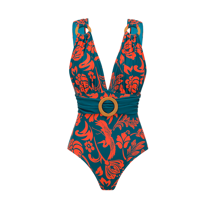 V-neck O Ring Decoration Printed Swimsuit Set(s)