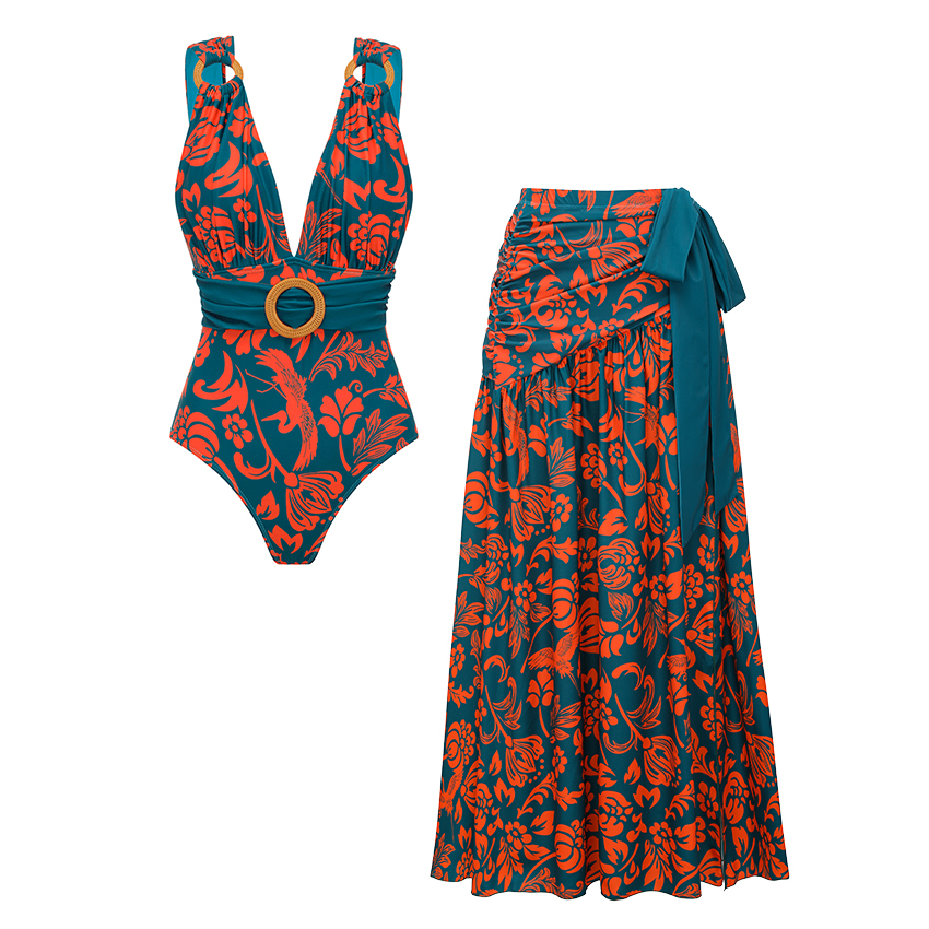 V-neck O Ring Decoration Printed Swimsuit Set(s)