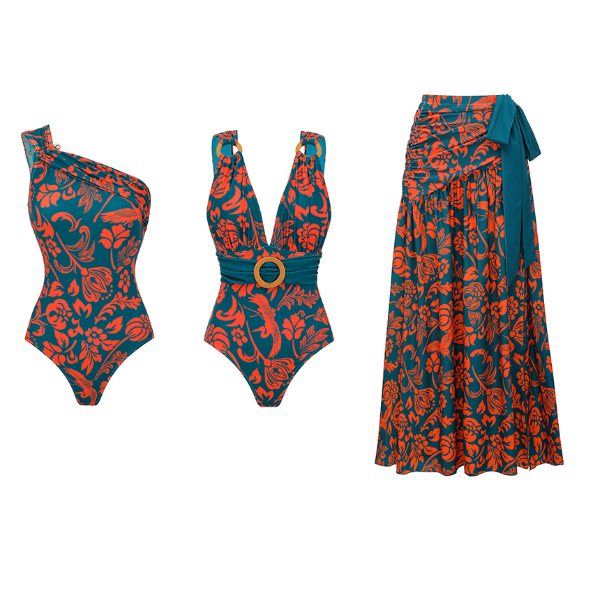 V-neck O Ring Decoration Printed Swimsuit Set(s)