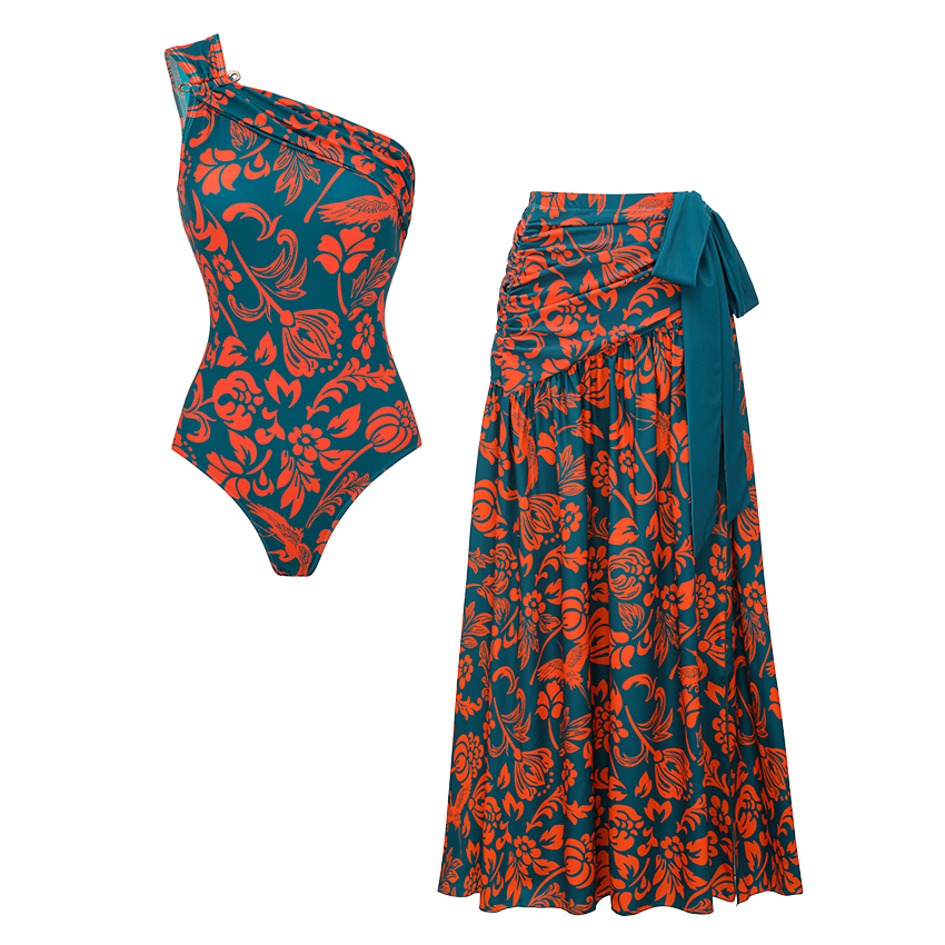 One Shoulder Printed Blue Swimsuit Set(s)