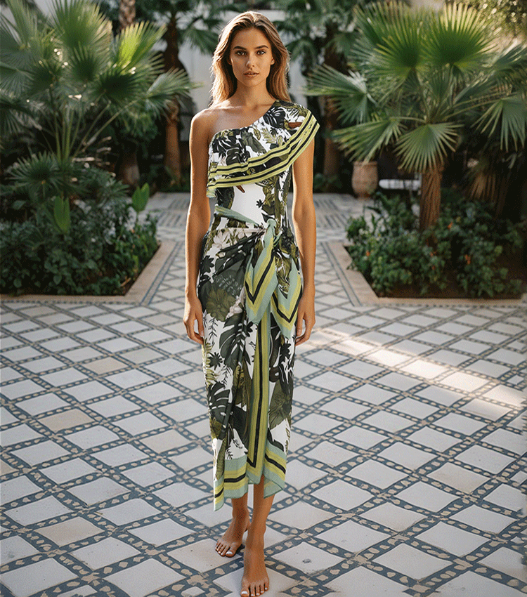 One Shoulder Ruffle Leaves Print Swimsuit Set(s)